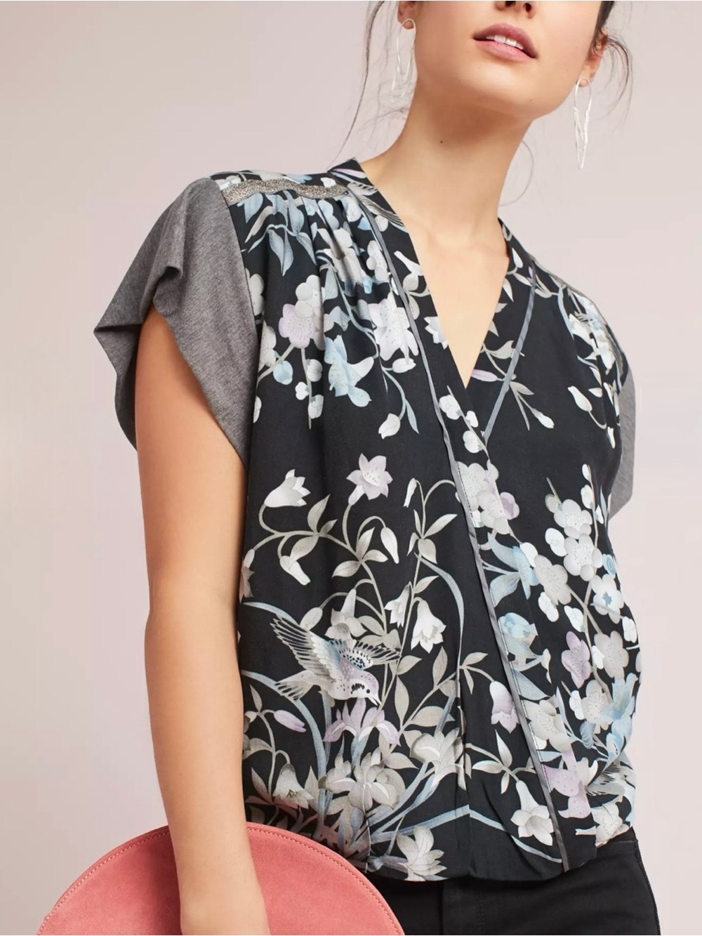 Anthropologie Tiny Cara Wrap Top
Floral Bird Print Faux Wrap Boho Romantic